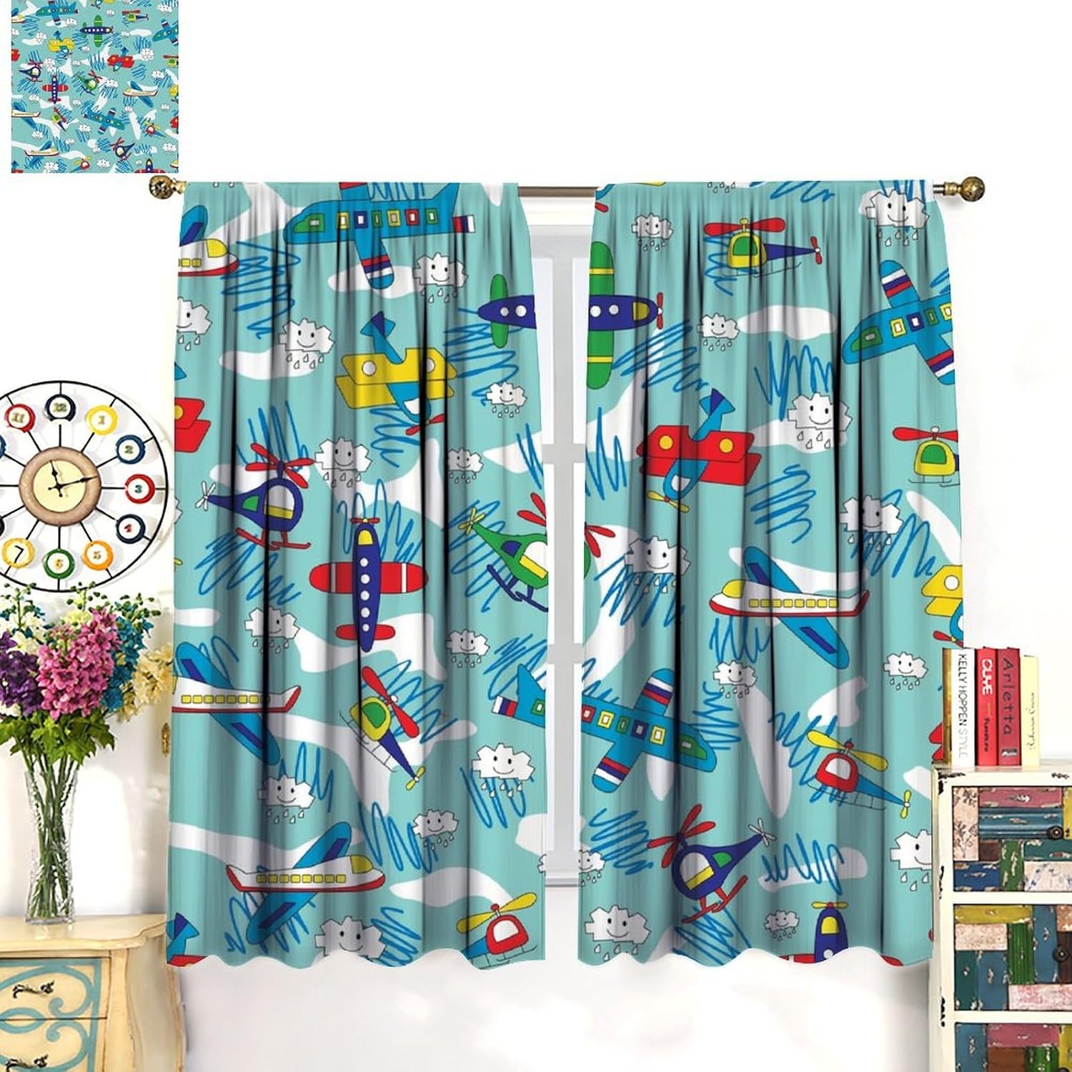Aircraft Curtains Kids Cartoon Airplane Children Boys Girls Airplane Print Blackout Window Drapes for Bedroom Living Room Kitchen Cafe Decor Blue （W21xL45 Inch） x2 Panels