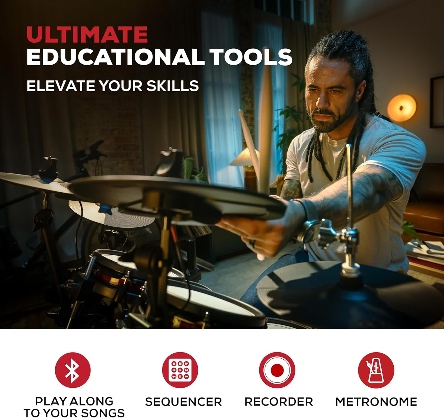 A drummer playing the Alesis Nitro Ultimate kit, with icons for Bluetooth, Sequencer, Recorder, and Metronome, highlighting educational tools.