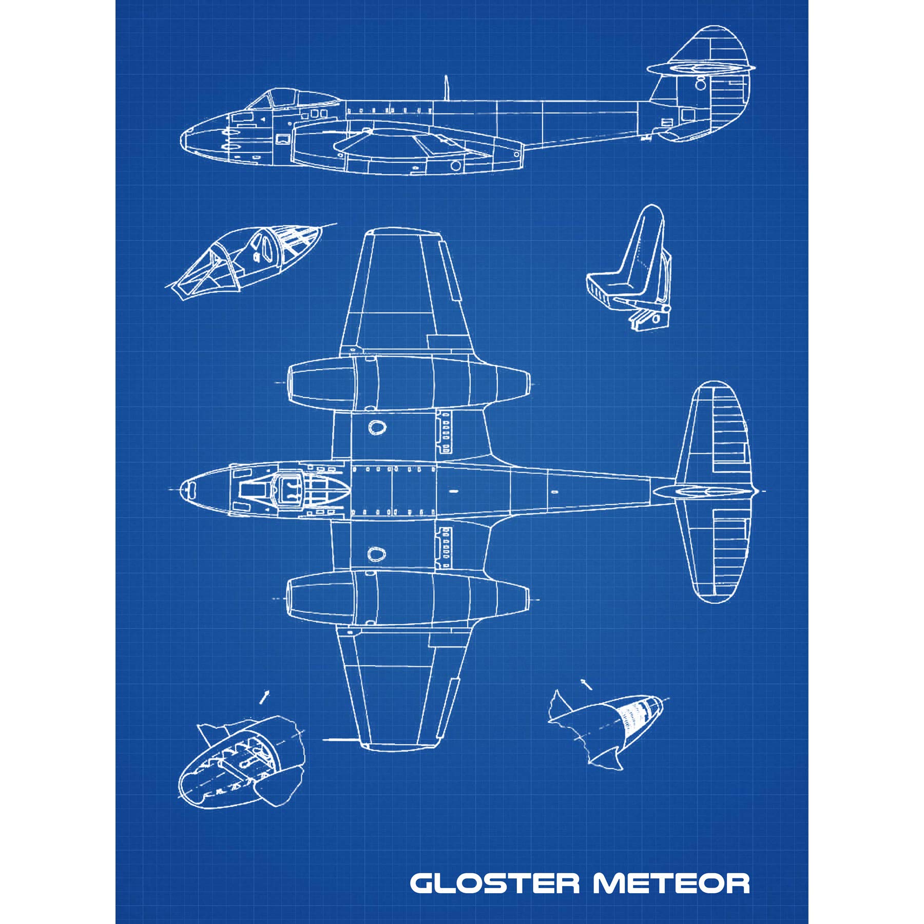 Artery8 Gloster Meteor British Jet Fighter Blueprint Plan Premium Wall Art Canvas Print 18X24 Inch
