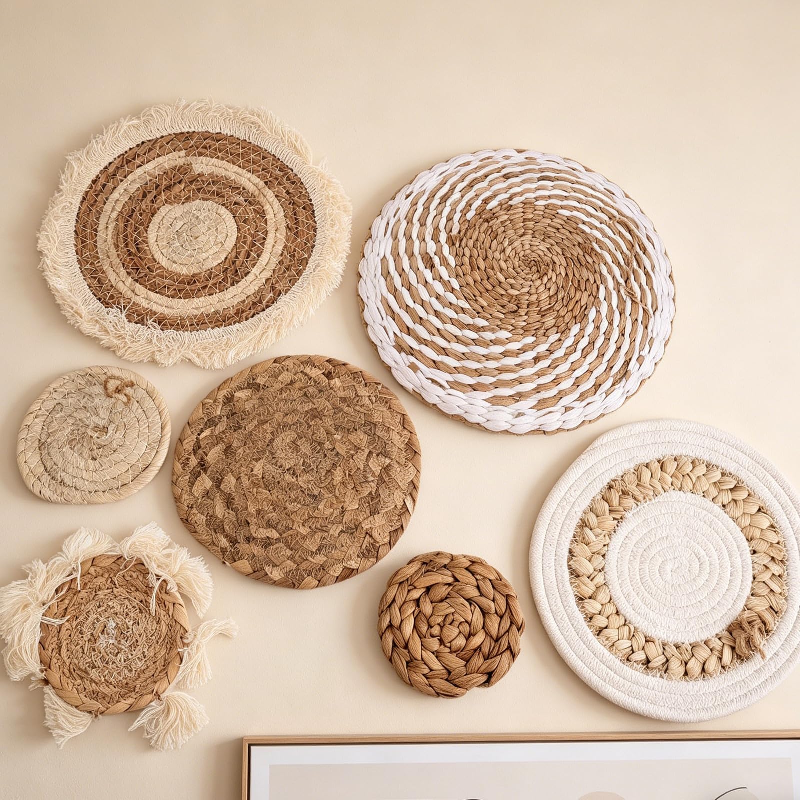 Levemolo Decoración de Pared Bohemia de Ratán Beige para Sala de Estar Estilo Farmhouse 7 Piezas de Cestas Circulares Instalación Sencilla y Ambiente Acogedor