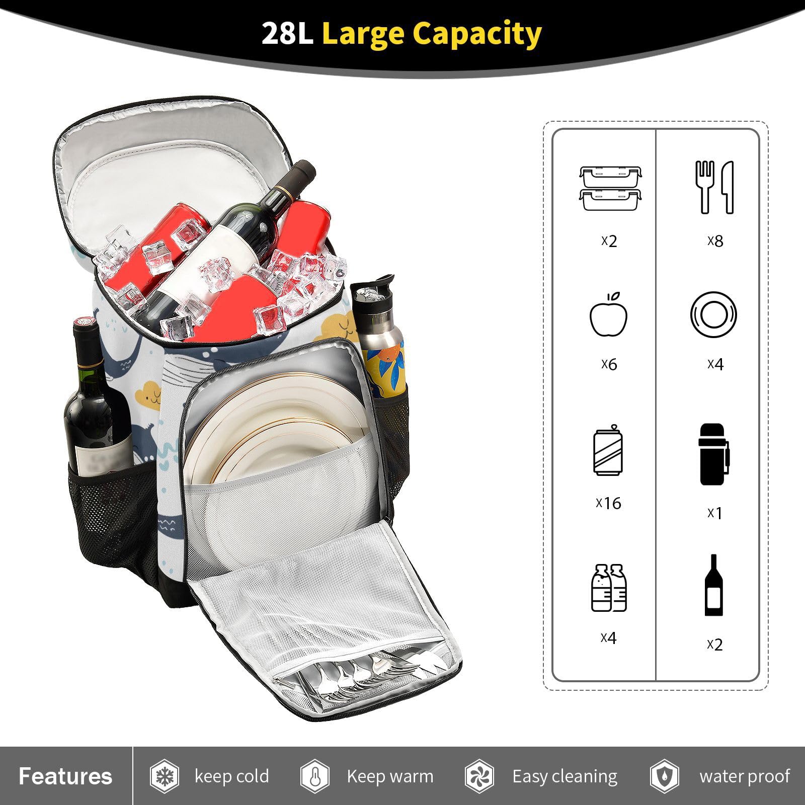 Whale White Ocean Cooler Backpack Cooler Insulated Leak Proof Lunch Backpack 36 Cans Waterproof Soft for Men Women Picnic Hiking Camping Beach