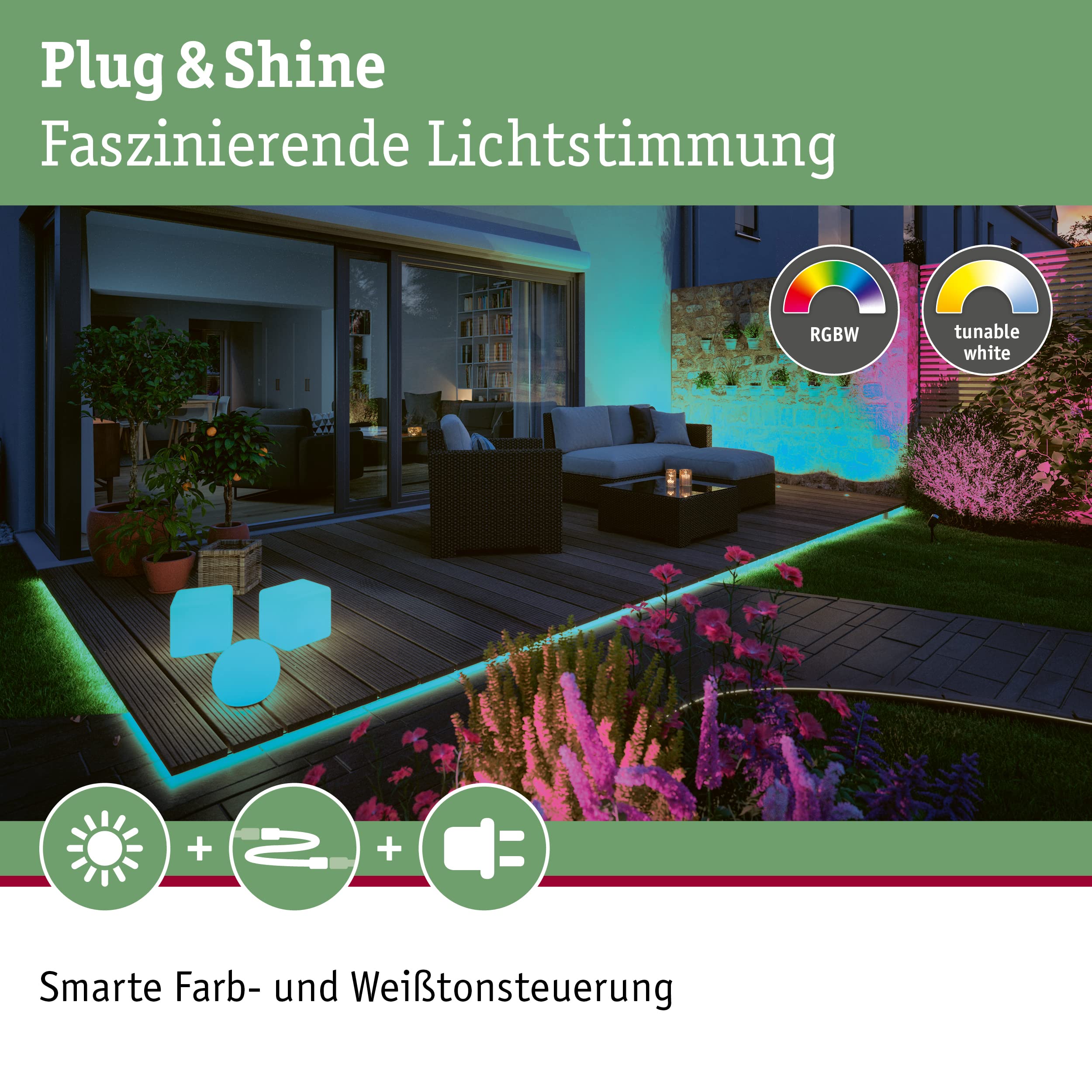 Paulmann 94560 Plug & Shine oprawa zewnętrzna LED Strip Smart Home Zigbee Smooth IP67 2m w zest. 1x11W ściem. sterow. barwą RGBW Biały tw. szt. 3000K