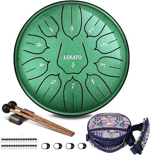 Miniatura 135 de LEKATO Tambor de lluvia para exterior, tambor de lengua de acero de 6 pulgadas, 11 notas, campanilla de lluvia de percusión para meditación, yoga