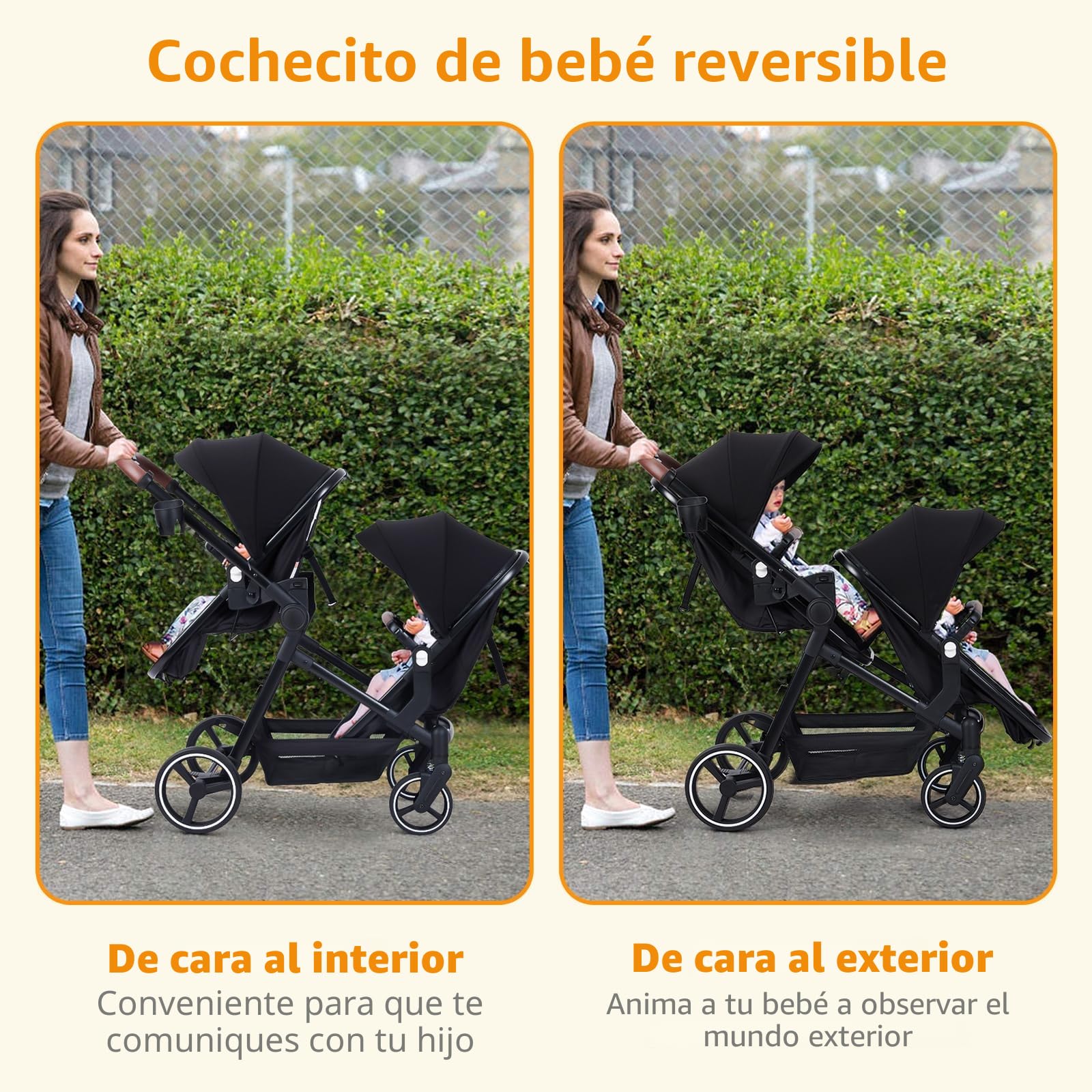 Cochecito doble para dos niños, con función reclinable, respaldo ajustable, plegable, de 0 a 36 meses