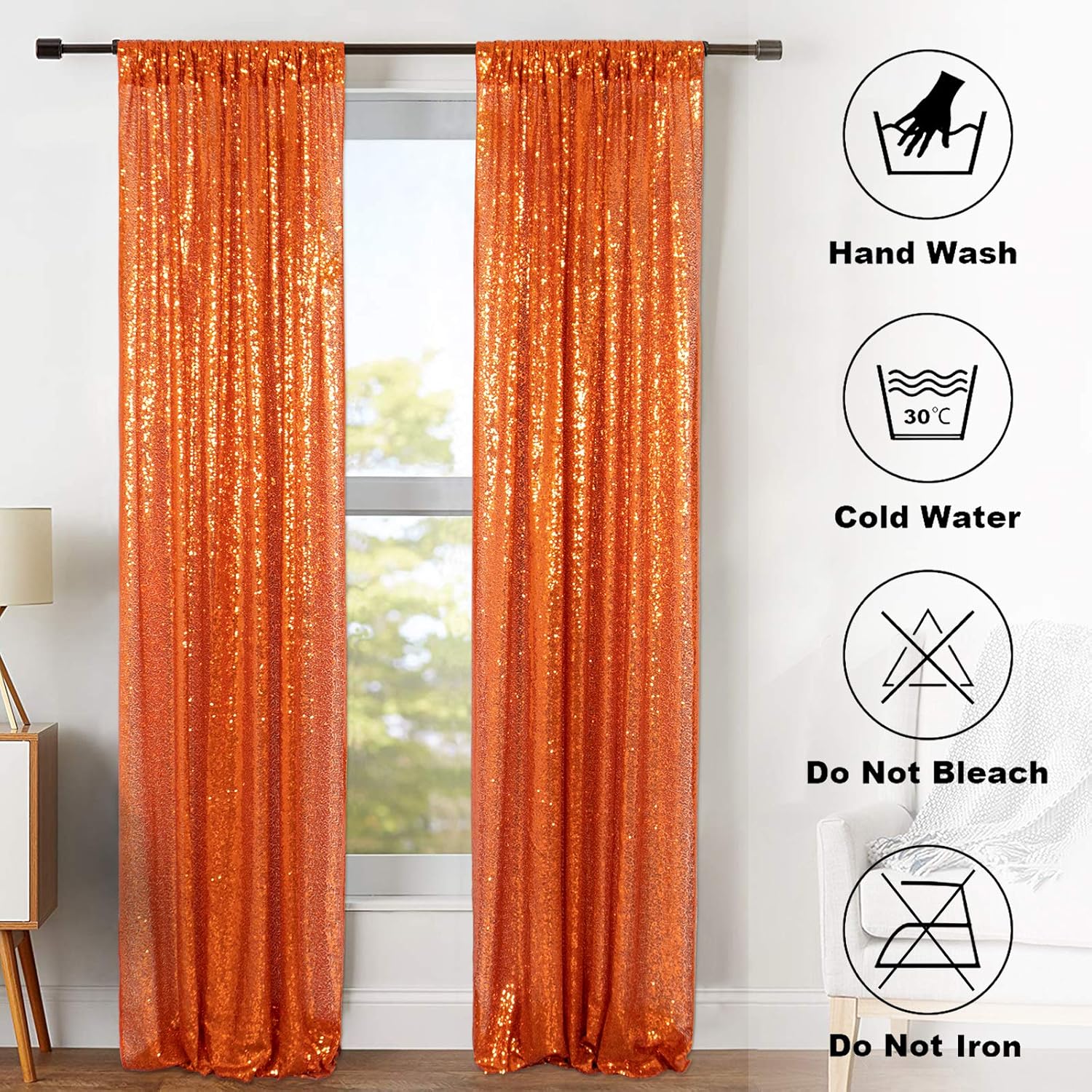 Buy 1 get 1 Sequin Curtain Backdrop 2 Panels 4FTx7FT Orange Sequin Photography Backdrop Glitter Backdrop Curtain Pack of 2 -190418E