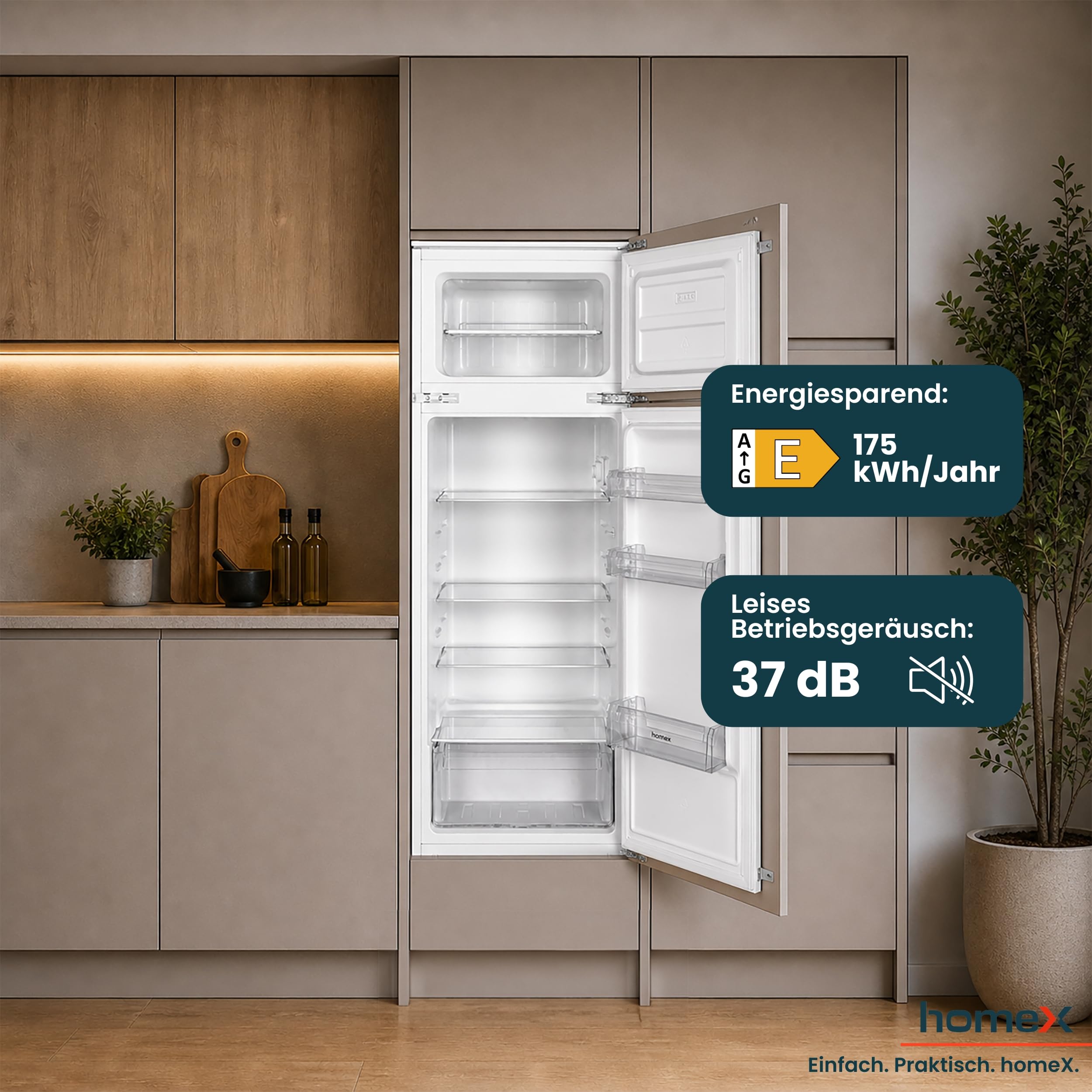 homeX CFB2051E Einbaukühlschrank mit Gefrierfach 145cm Nische 205 Liter | Einbau Kühl Gefrierkombination, Schlepptürtechnik, LED-Beleuchtung, leise 37 dB, Türanschlag wechselbar, 4-Sterne Gefrieren