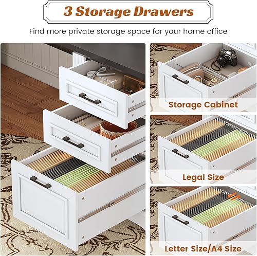 Miniatura 5 de SEDETA Farmhouse - Escritorio ejecutivo en forma de L de 69 pulgadas, escritorio de oficina en casa con cajones y gabinete de almacenamiento y toma