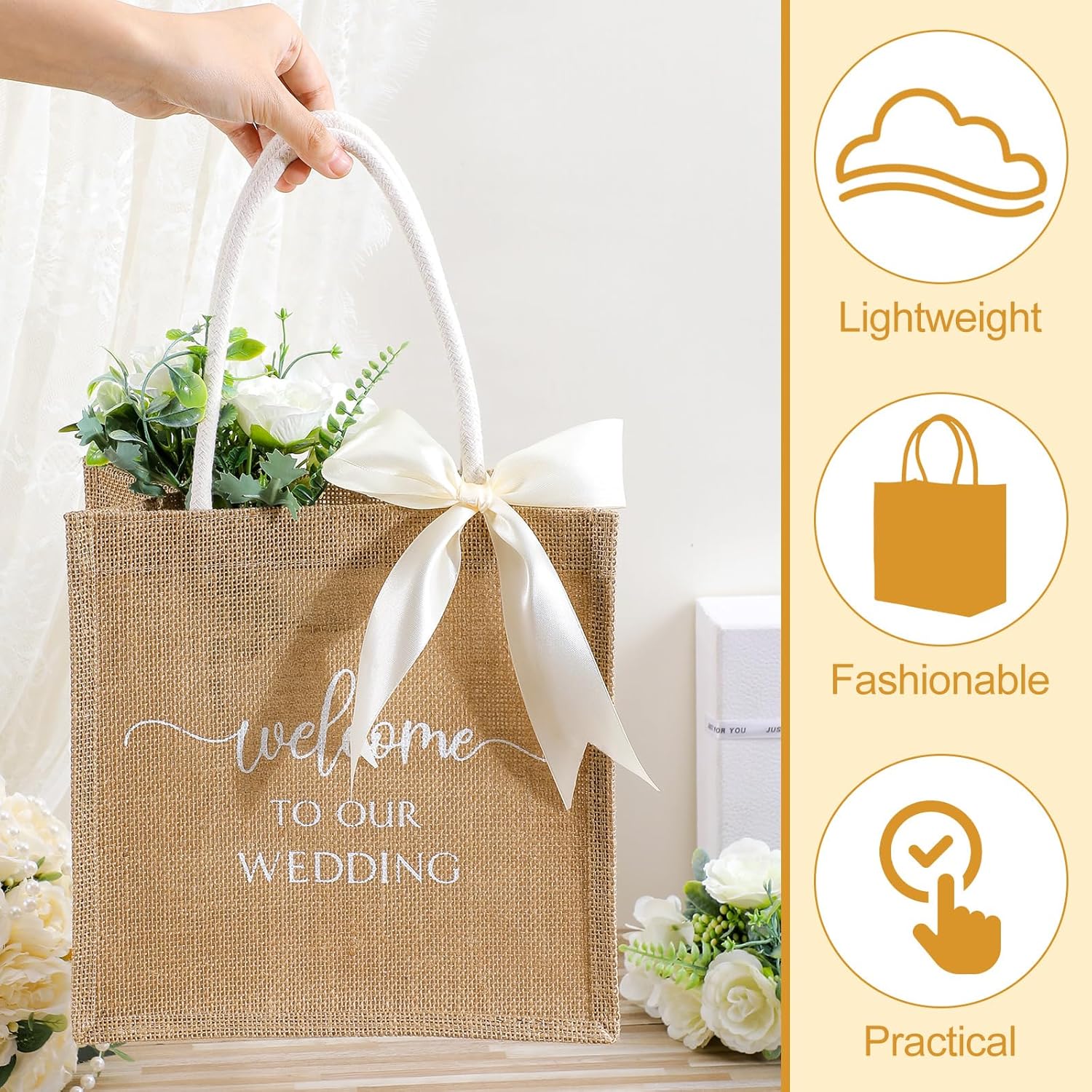 10 Pack Wedding Burlap Bags Jute Tote Bags with Handle and Ribbon for Guest Bridesmaid Gift Bridal Shower Party Favors