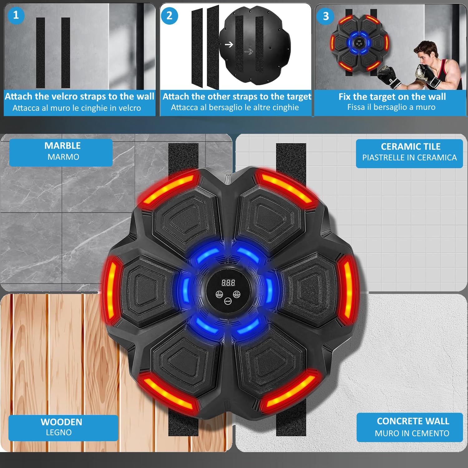 FFitness Music Boxing Machine 9 velocità di Allenamento con Bluetooth Attrezzatura Boxe Bersaglio da Parete con Display Contatore Tirapugni Elettronico da Muro