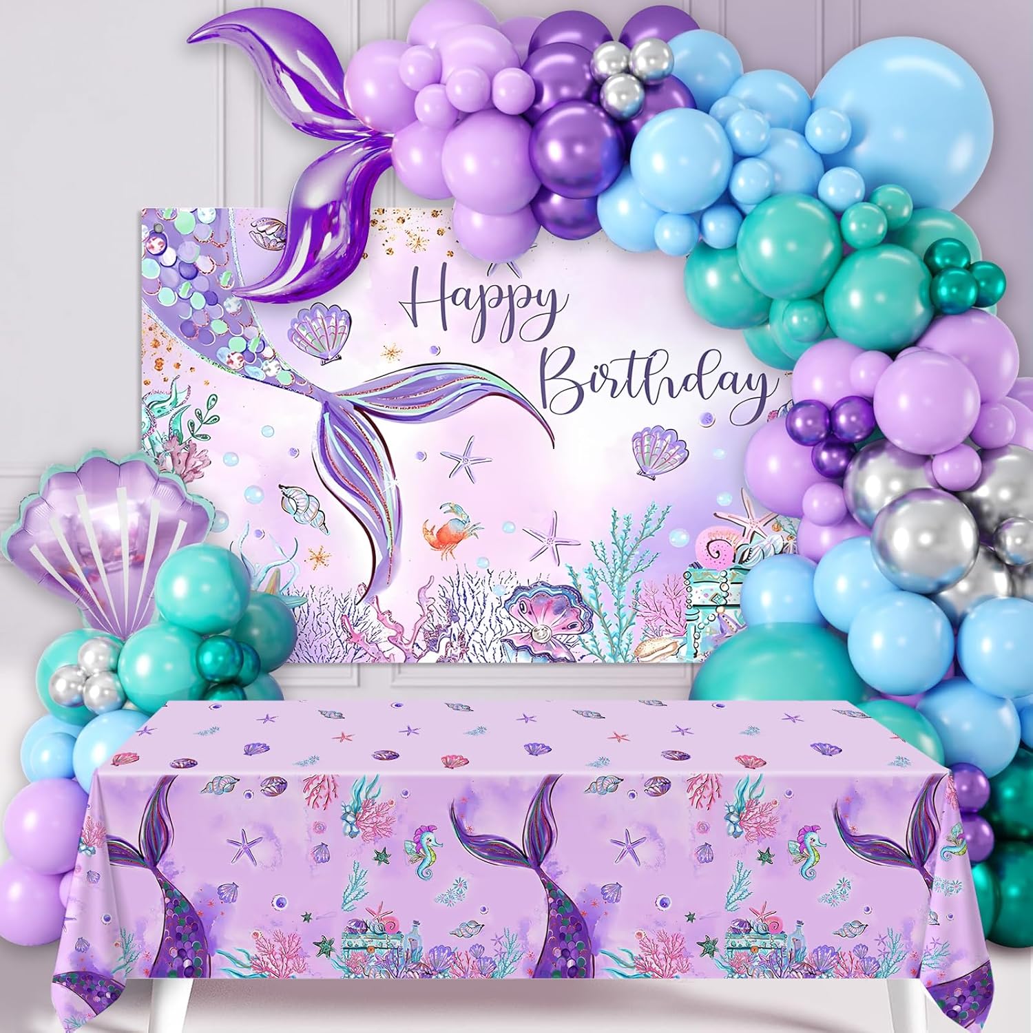 105pcs Mermaid Birthday Balloons Garland Arch Decorations - Purple Mermaid Birthday Party Kit with Backdrop, Tablecloth for Girls, Children