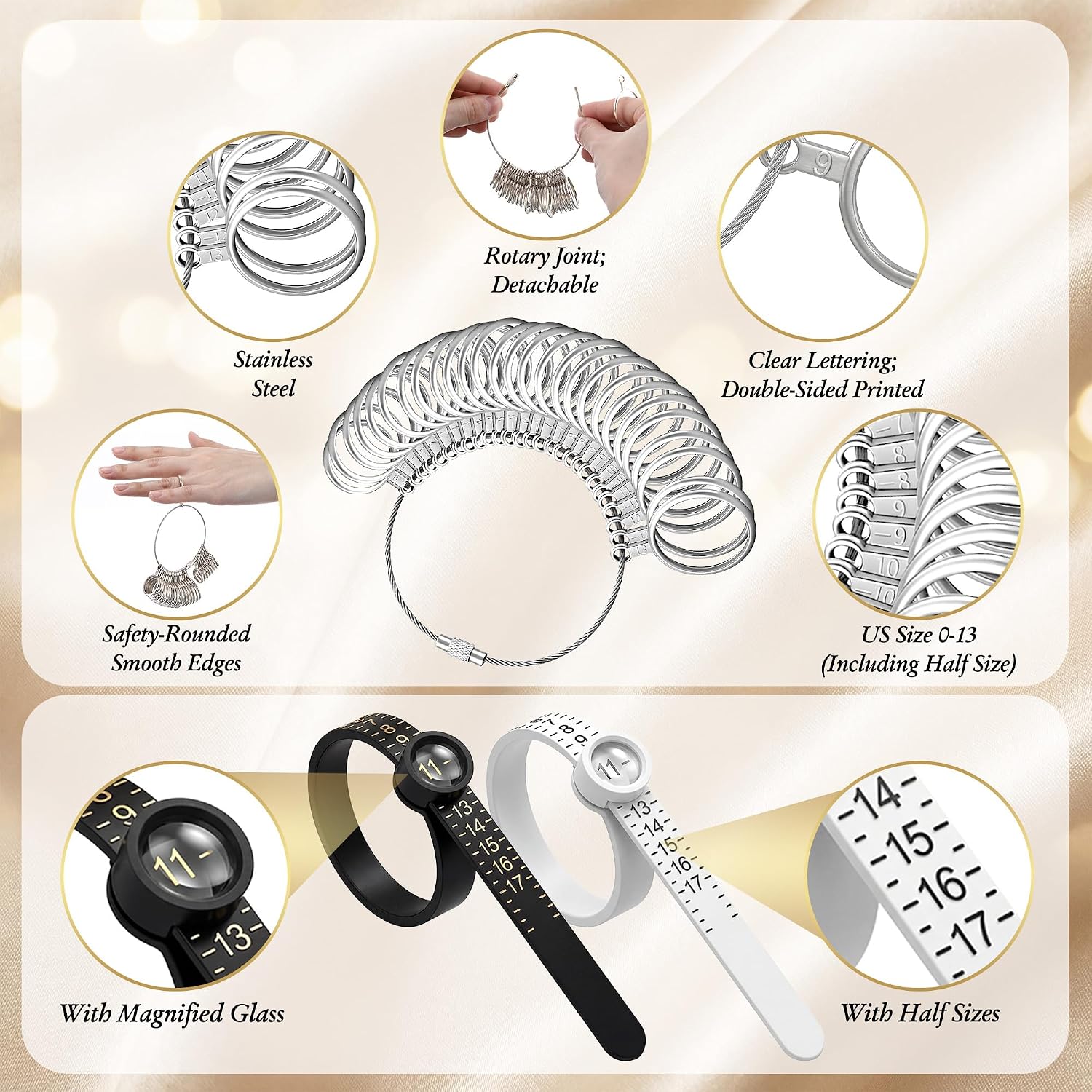 HappyAlley All-in-One Bracelet & Ring Sizer Set, Includes Metal Bracelet Mandrel, Metal Ring Mandrel, Rings Forming Stick, Rubber Mallet Hammer, Finger Sizers for Measuring, Finger Size Gauge