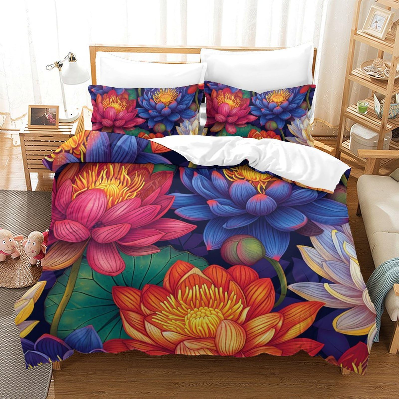 Housse de couette anti transpiration fermeture éclair lit king motif fleur lotus 3D