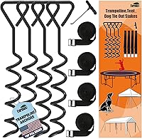 Eurmax Heavy Duty Trampoline Anchor Stakes - 4 Corkscrew Galvanized Steel Ground Anchors with T-Hook & Bonus Belts for Stability