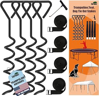 Eurmax Heavy Duty Trampoline Anchor Stakes - 4 Corkscrew Galvanized Steel Ground Anchors with T-Hook & Bonus Belts for Stability
