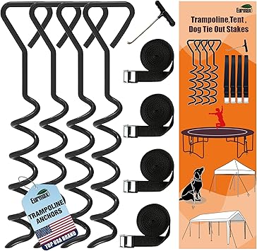 EURMAX USA Windproof Trampoline Stakes Anchor Kit-4pcs Steel Corkscrew Anchor,Heavy Duty Tie Down Kit with T-Hook&Reinforced