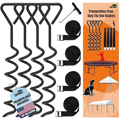 EURMAX USA 4-Pack Windproof Trampoline Stakes Anchor Kit-Steel Corkscrew Anchor,Heavy Duty Tie Down Kit with T-Hook&Reinforced Safety Straps,Secure Weatherproof Protection for Trampoline,Tent&Playset