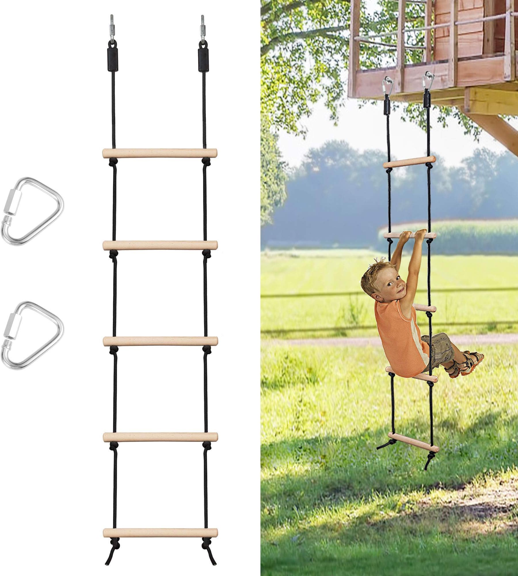 Rope Ladder for Kids Climbing Obstacle Wooden Swing Rope Ladder with 2 Hooks for Kids Climbing Game Hanging Ladder for Swing Accessories, Playground, Play Set
