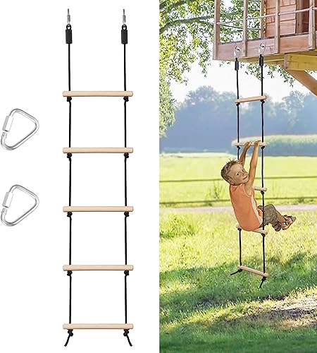 Escalera de cuerda para niños, escalera, obstáculo, de madera, con 2 ganchos para niños, juego de escalada, escalera colgante para accesorios de