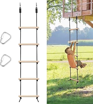 Rope Ladder for Kids Climbing Obstacle Wooden Swing Rope Ladder with 2 Hooks for Kids Climbing Game Hanging Ladder for Swing Accessories, Playground, Play Set