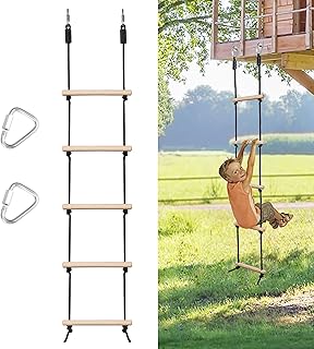 Rope Ladder for Kids Climbing Obstacle Wooden Swing Rope Ladder with 2 Hooks for