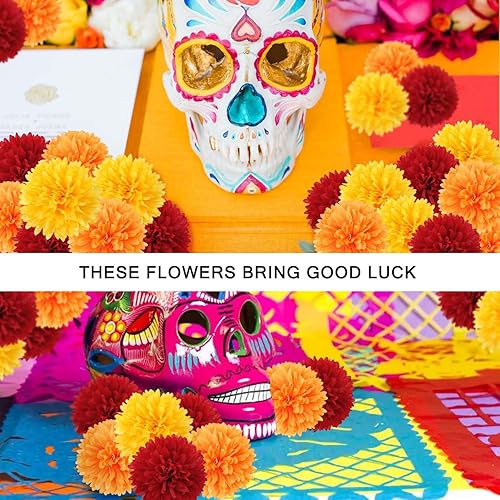 Miniatura 6 de EIMMBD 40 cabezas de flores de caléndula a granel de 3.15 pulgadas, guirnalda artificial de caléndula para decoración del día de los muertos,