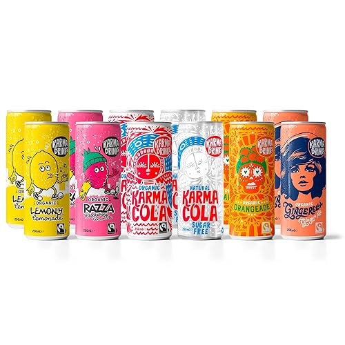 Karma Drinks Can Variety Pack, Mixed Case of Delicious Soft Drinks, Carbonated Fizzy, Fairtrade, Organic, Vegan, No GMO (12 x 250ml) - 250 ml (Pack of 12)