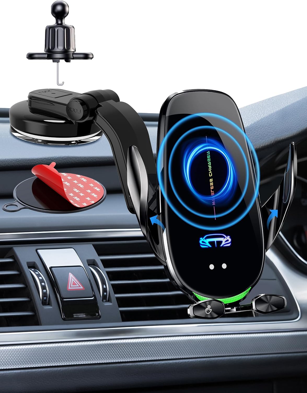 Soporte de Cargador Inalámbrico para Coche, Carga Rápida Qi de 15W con Sujeción Automática, Soporte de Teléfono Móvil para Coche, Rejilla de Ventilación, Parabrisas, Salpicadero, Brazo Largo, Ventosa