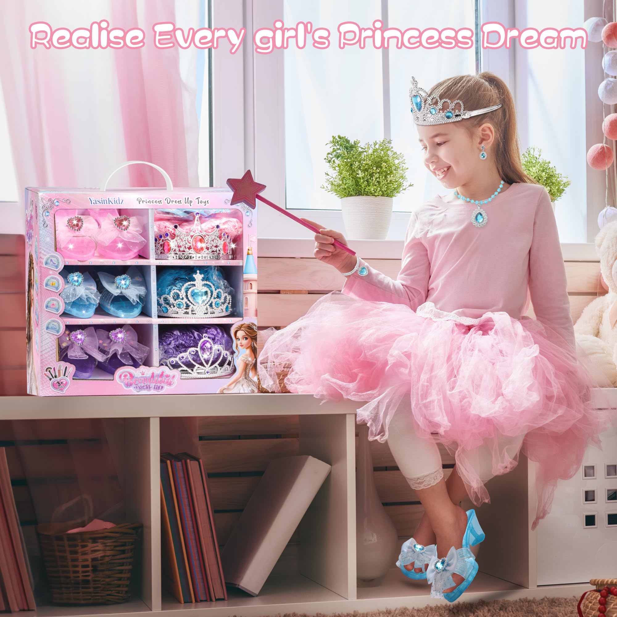 Prinzessin Schuhe mit Kinderschminke Set Mädchen, Prinzessin Spielzeug mit 3 Paar Schuhen, 3 Tüllrock, Krone, Halskette, Geburtstag Weihnachten Geschenke für Mädchen 3 4 5 6 Jahre