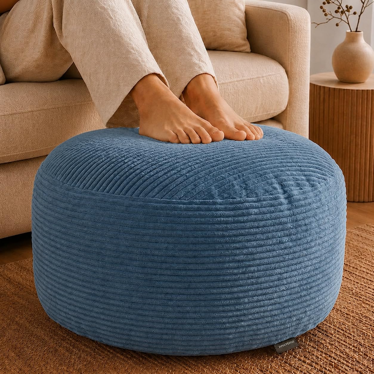 Stuffed Pouf Ottoman,Corduroy Foot Rest,Slate Blue,28 Inch