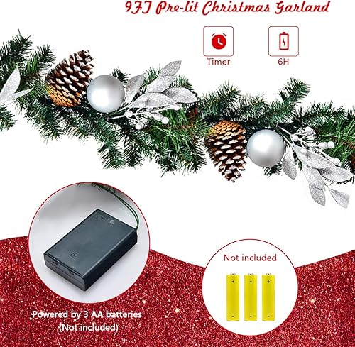 Miniatura 7 de GOFLAME Guirnalda de decoración navideña de 9 pies, ratán de Navidad preiluminado con 50 luces LED, conos de pino, bolas y hojas plateadas,