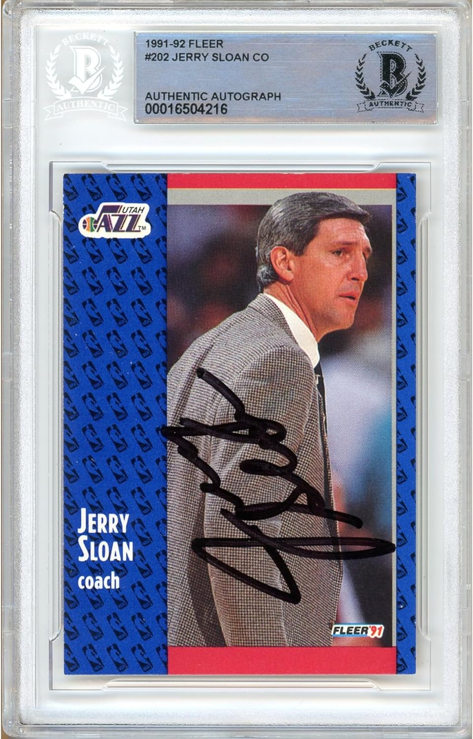 Jerry Sloan Autographed 1991 1992 Fleer #202 Basketball Trading Card Slab Beckett BAS Authentic Slabbed COA Coached For Utah Jazz NBA