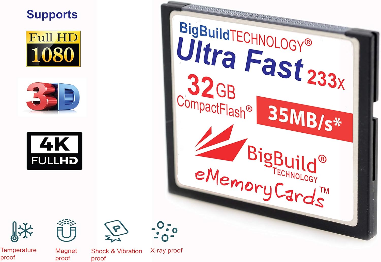 eMemoryCards 32GB Ultra Fast 35MB/s CompactFlash memory card compatible with Canon 10D/20D/30D/40D/50D/1D/1Ds/5D/5Ds/7D Mark I/II/III/IV, Nikon D, Olympus E, Sony Alpha, Leica S Cameras