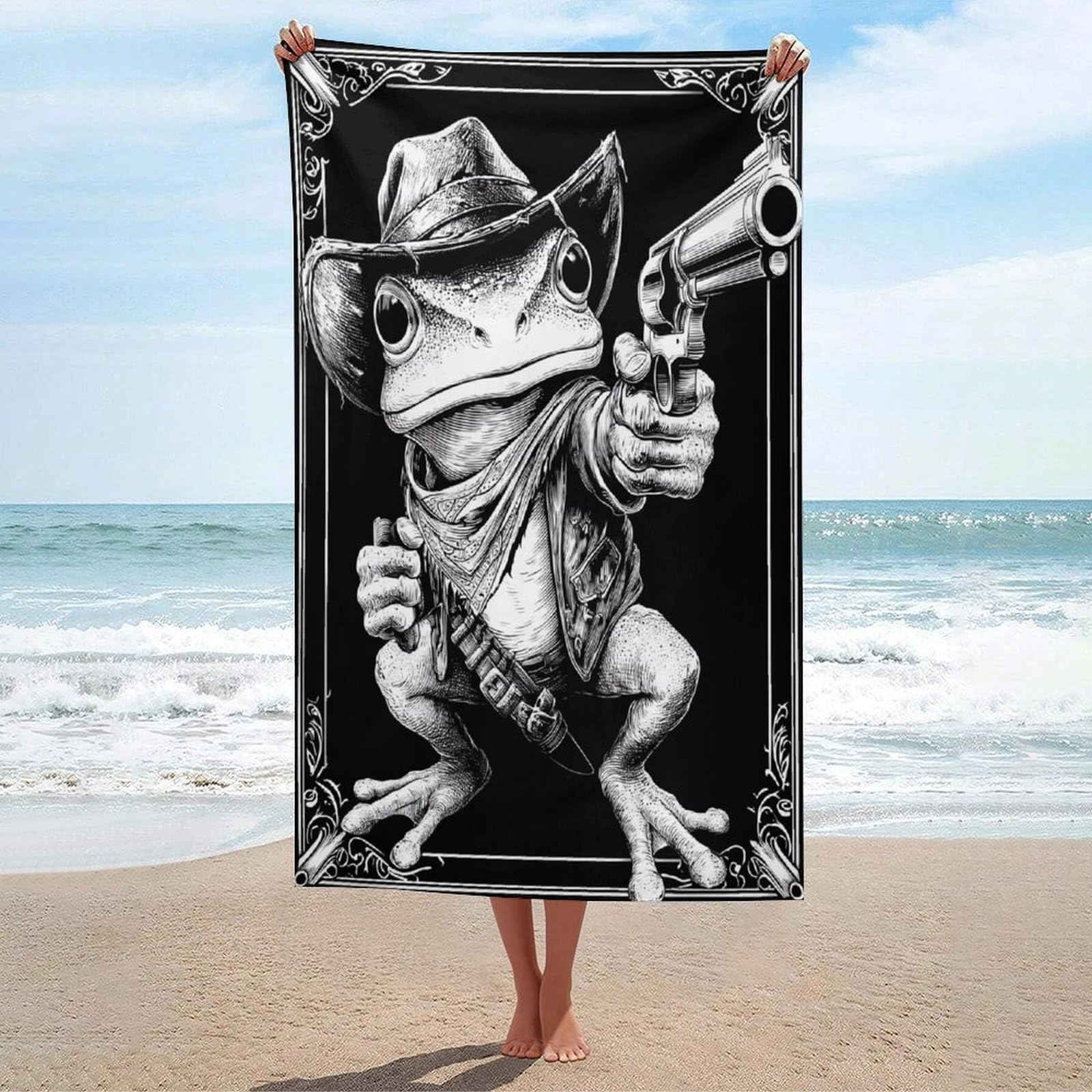 LSRCPD Cartoon Frog As A Cowboy Beach Towel Sand Free Microfiber Large Shower Towels Multipurpose Absorbent for Bathroom Pool 130x80 CM