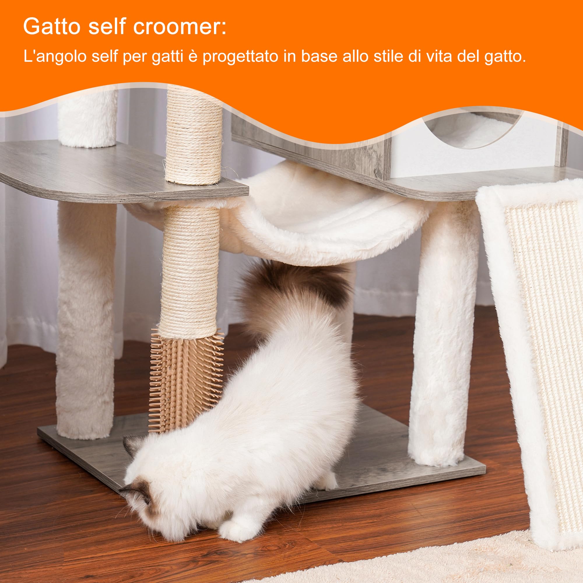 Heybly Albero per Gatti, Alto 156 cm Tiragraffi per Gatti Moderno, con 5 Pali Graffiatoi, 2 Posatoi, 1 Grotta, 1 Cesto, 1 Amaca, 3 Pompon, in Peluche a Più Livelli, Greige HCT120SG