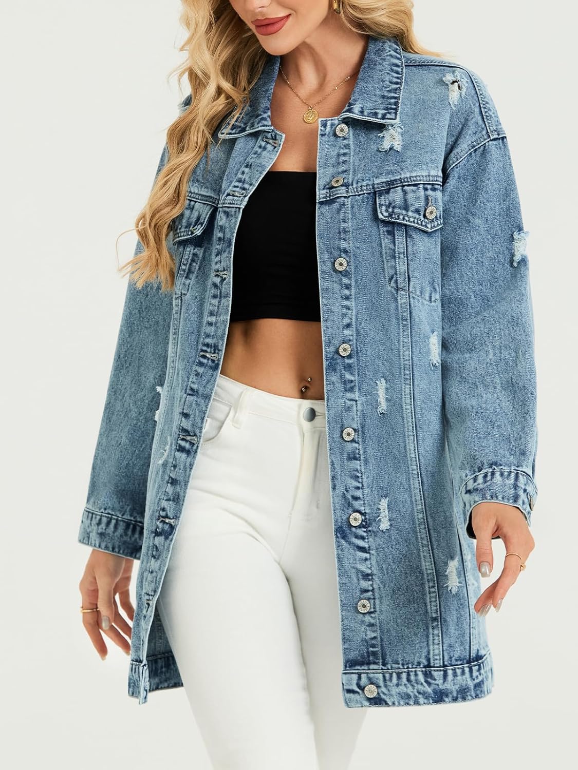 LifeShe Long Denim Jacket Women Oversized Distressed Midi Jean Jackets Fall Loose Trench Coat Trendy - Image 3