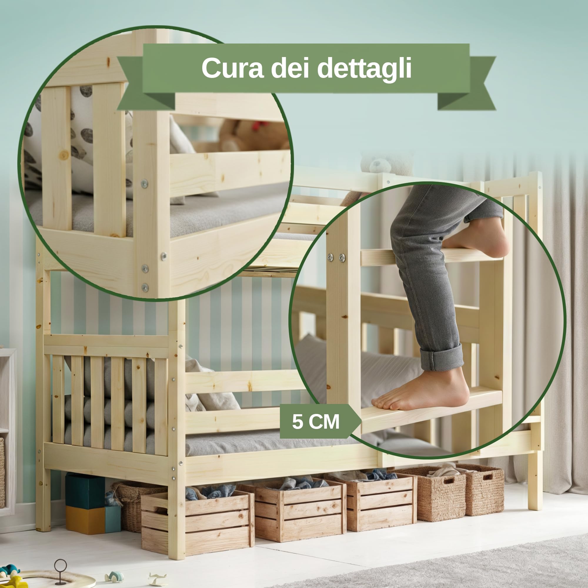 Interbeds Etagenbett Kaspar 200x90 Hochbett Stockbett aus Kiefernholz roh mit Leiter mit Lattenrost Naturholz Jugendbett Kinderbett für 2 Personen, teilbar in 2 Einzelbetten (Naturholz, 200x90)