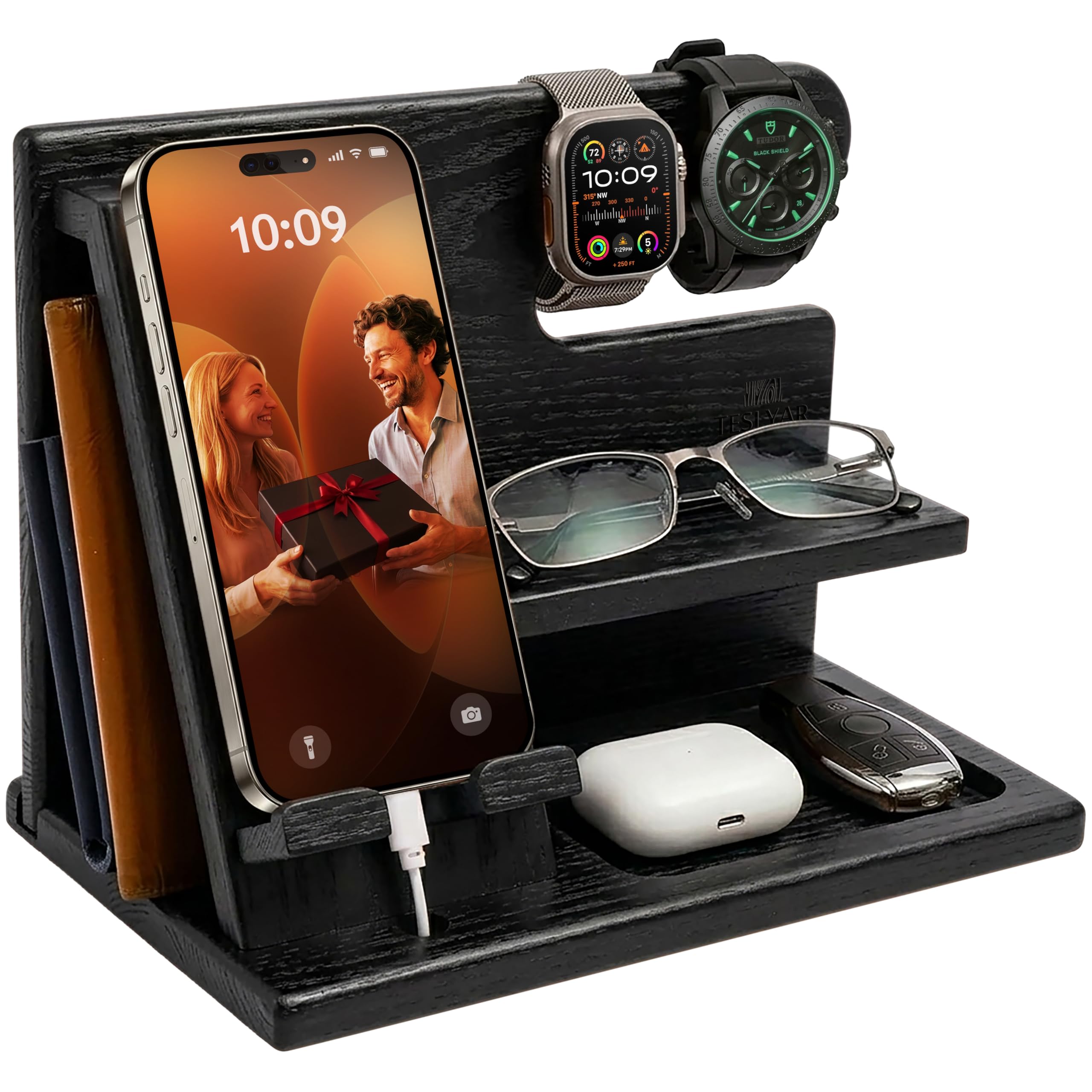 Teslyar Docking Station in legno di frassino per smartphone, organizer da comodino con portachiavi, supporto per portafoglio e orologio, regalo per uomo papà marito, anniversario compleanno (Nero)