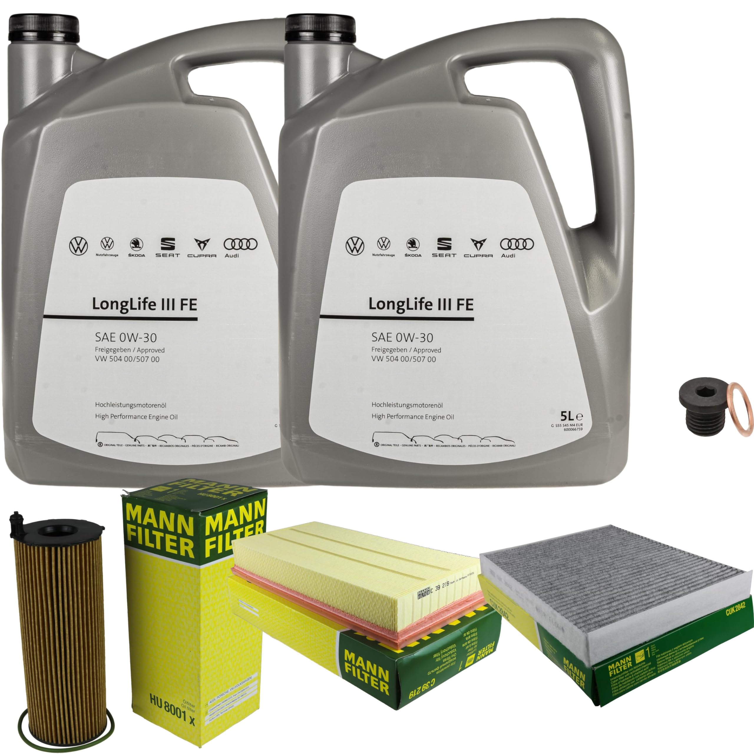 Pacchetto di ispezione pacchetto di manutenzione filtro con 10 l 0W-30 olio motore LongLife 3 FE, filtro dell'olio, filtro dell'aria abitacolo (carbone attivo) vite di scarico dell'olio
