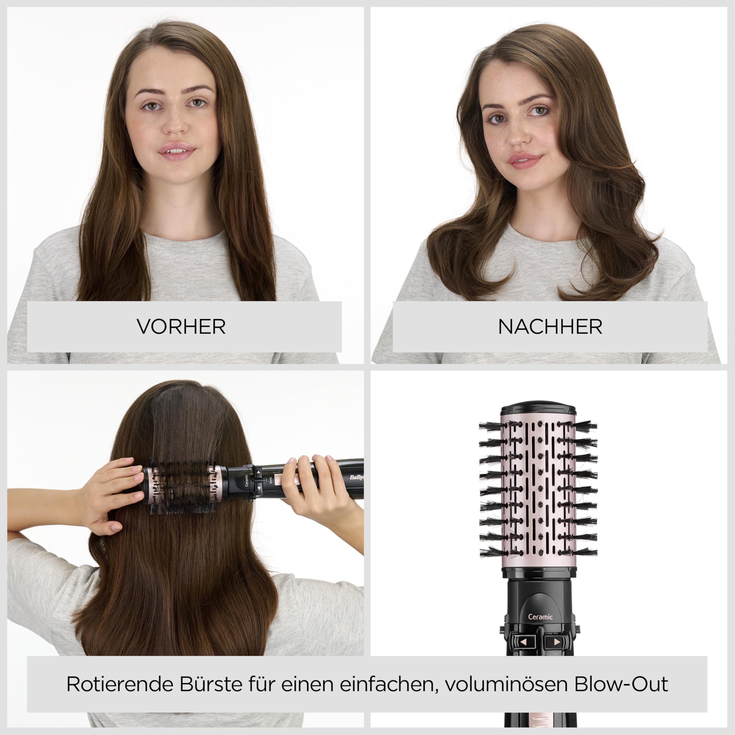 BaByliss Dry, Straighten and Style - Rotierende Warmluftbürste, 1000W Ionen Rundbürstenföhn mit 4 Aufsätzen zum Föhnen, Glätten, Volumen kreieren, Schwarz, AS200E