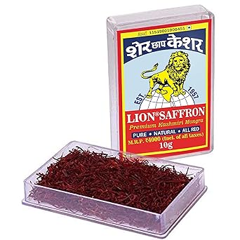 LION BRAND SAFFRON,10g, Original Mongra Kashmiri Saffron/Kesar (A++ Grade) for Pregnant Women, Skin, Face, Food and Puja (Pack of 1, 10gm/10gram) - image, photos