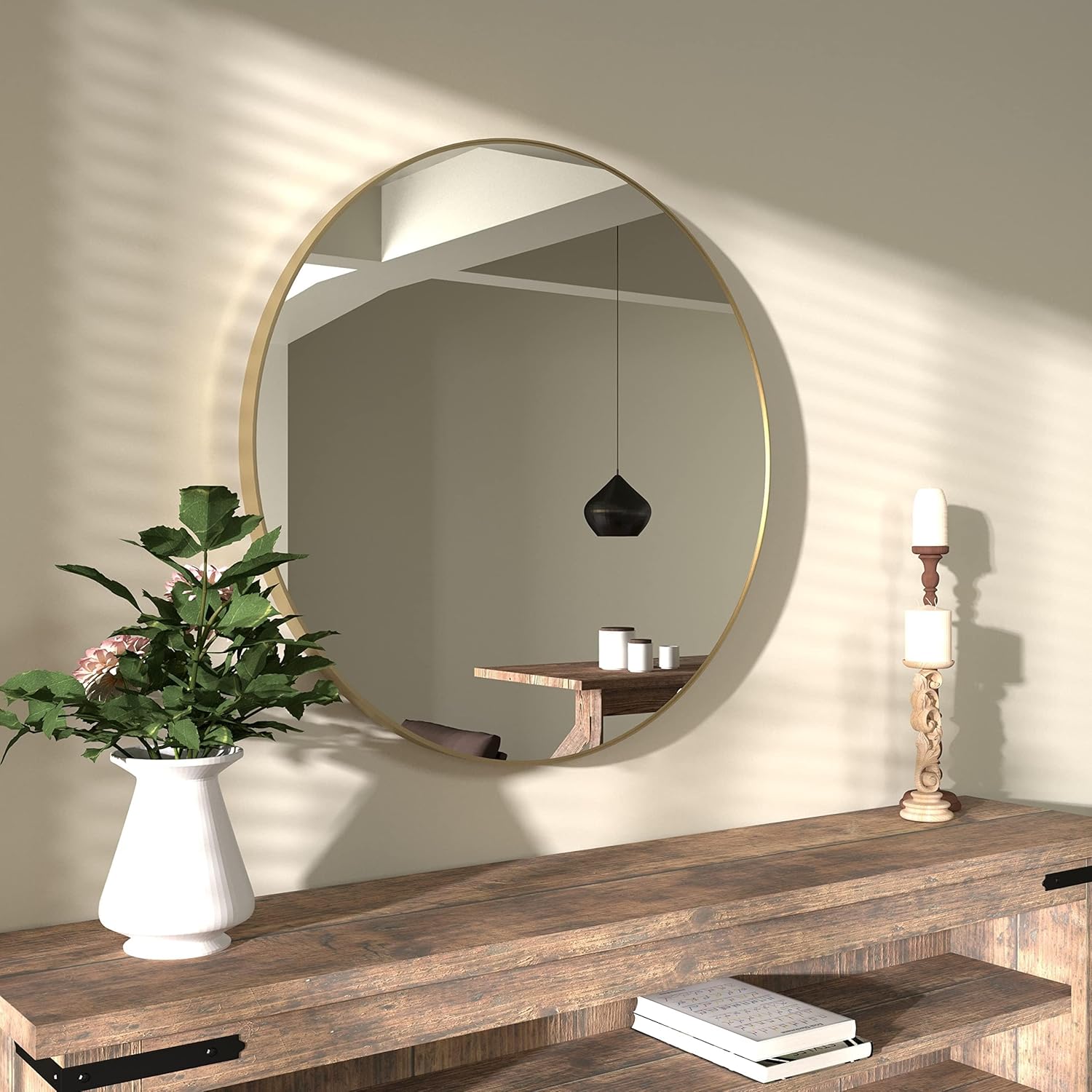 B&C 28 inch Round Mirror French Gold Aluminum Framed, Stylish Circle Mirror for Vanity Make Up, Circular Mirror for Bathroom/entryway/Bedroom/livingroom/Vanity Room/Rustic/Farmhouse Home décor