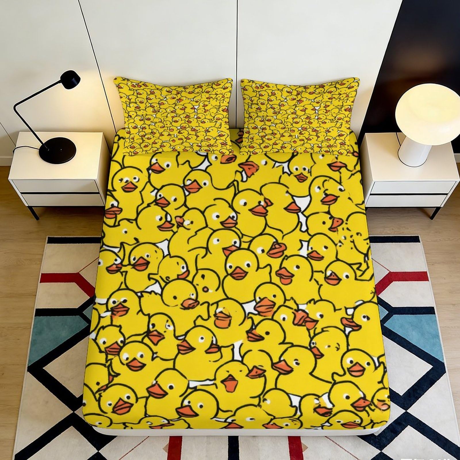 3D Printed Yellow Duck Pattern Fitted Sheet Microfiber Soft Durable Cartoon Duck Mattress Cover for Bedroom Dormitory Guest Room Mattress Protection 140x200x25cm