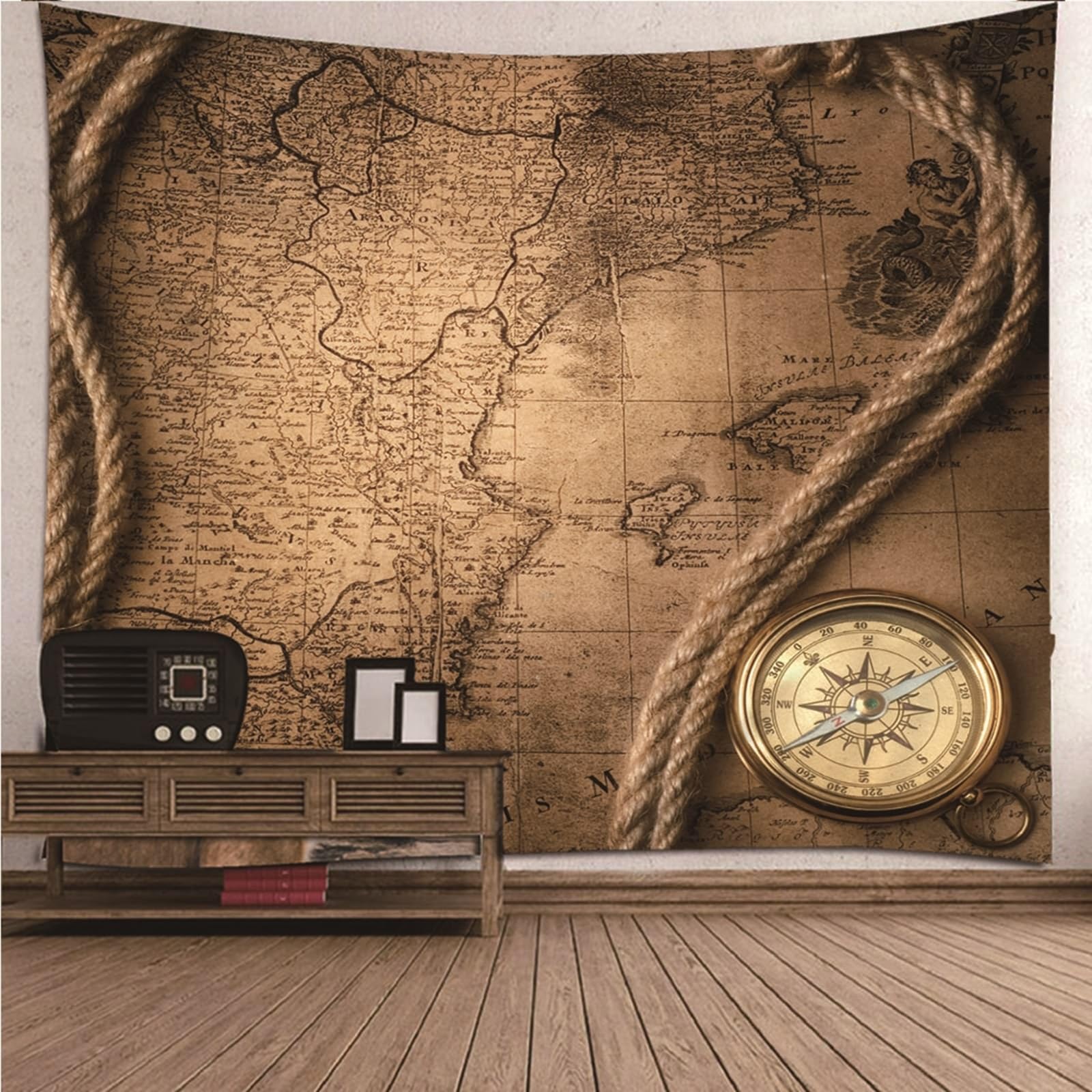 Tapis Mural Decoratif Salon, Tissu Mural Vintage Brun Polyester Carte et Boussole Tapisserie Decoration Murale Salon 260X240cm