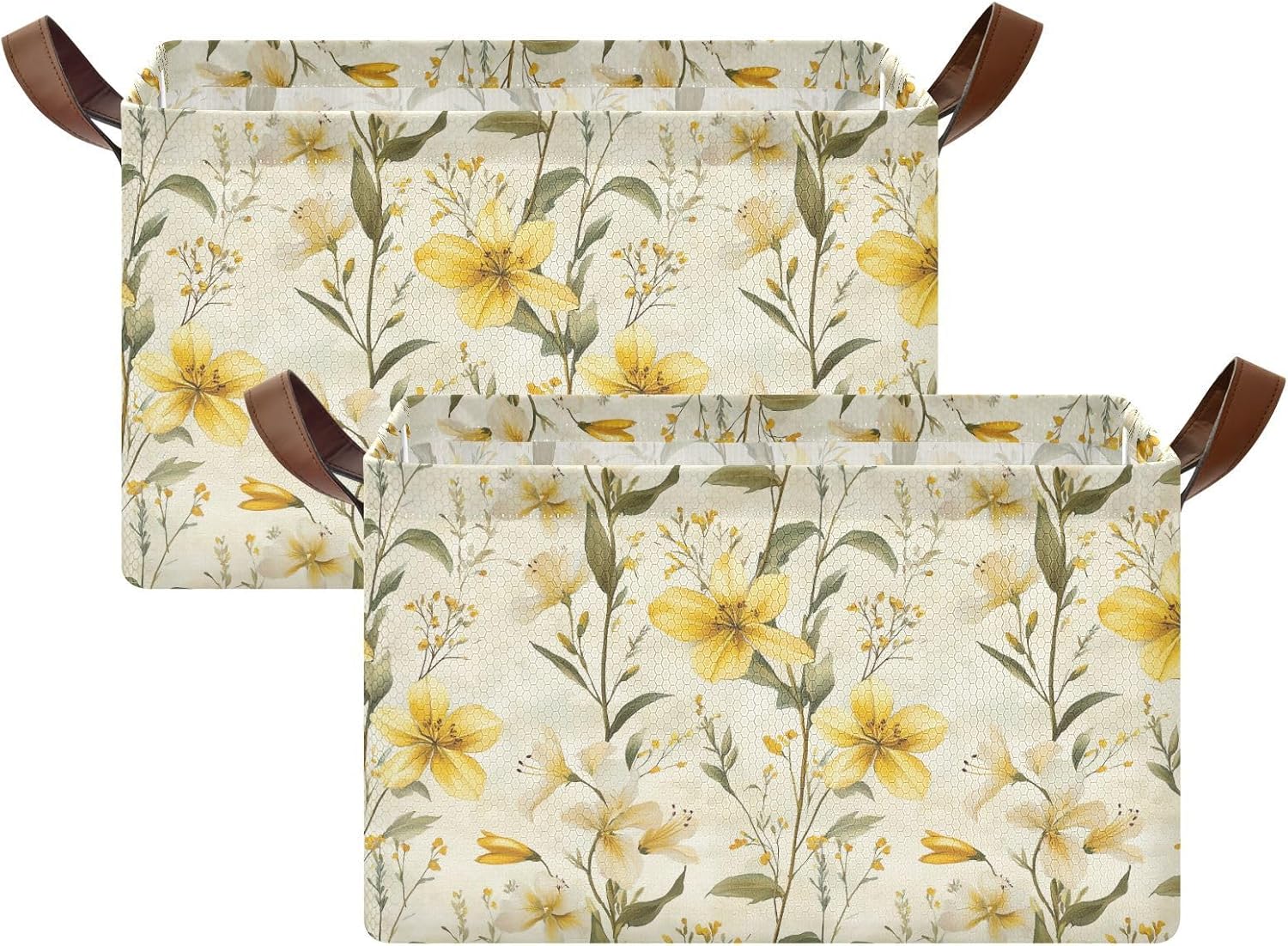 KLL White Yellow Lily Large Storage Baskets with Handles Storage Containers for Shelves, Closet 2 Pack cajas para organizar closet