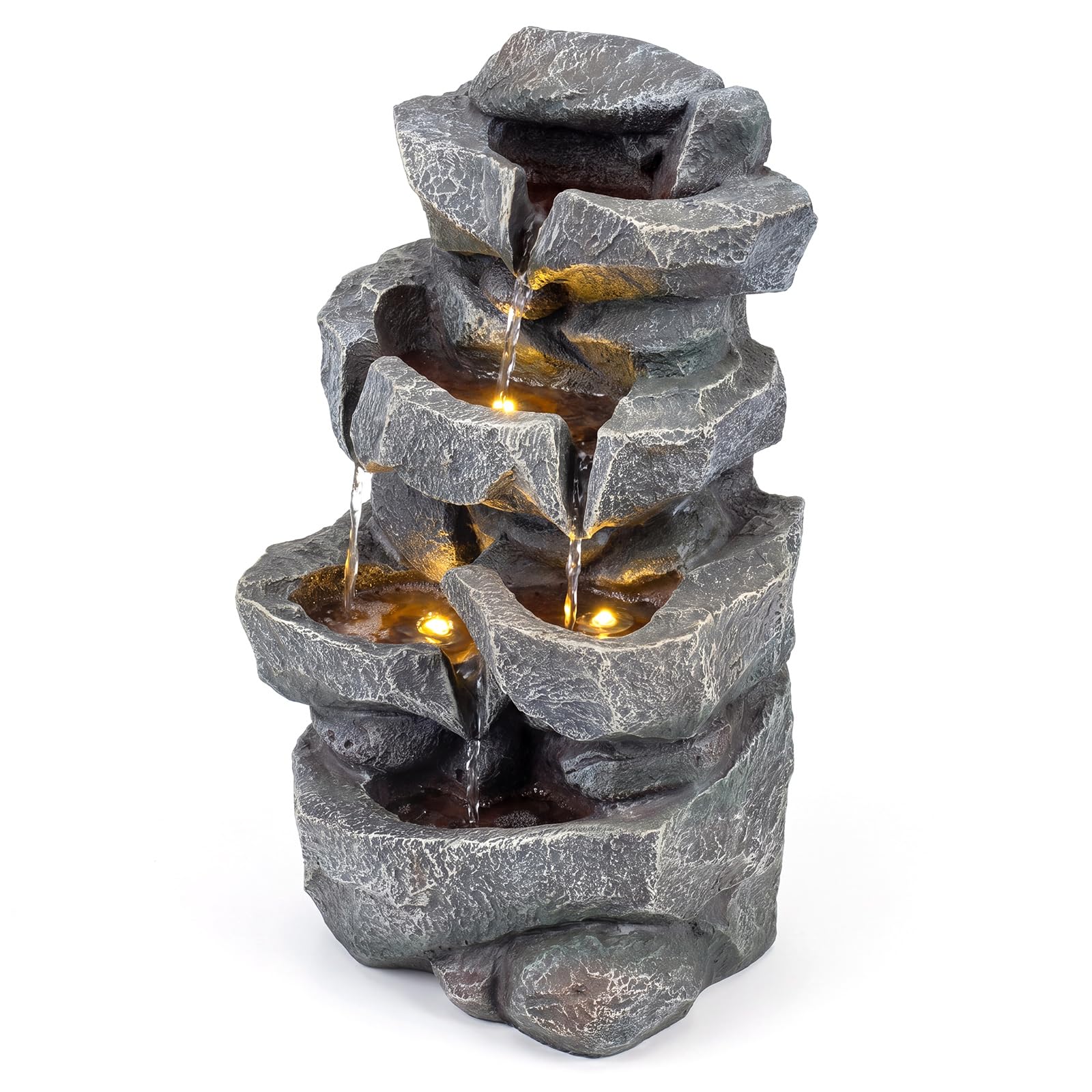 COSTWAY Fontana da Giardino a 5 Livelli, Fontana Cascata da Esterno con Luci e Flusso d'Acqua Regolabile, Fontanella Elettrica a Forma di Roccia con Effetto di Pietra da Terrazza e Balcone