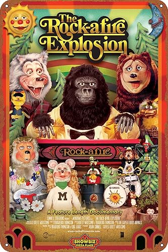 Letrero de metal con texto en inglés "The Rock-afire Explosion" para decoración de pared, póster de película para tienda de autos antiguos, cartel