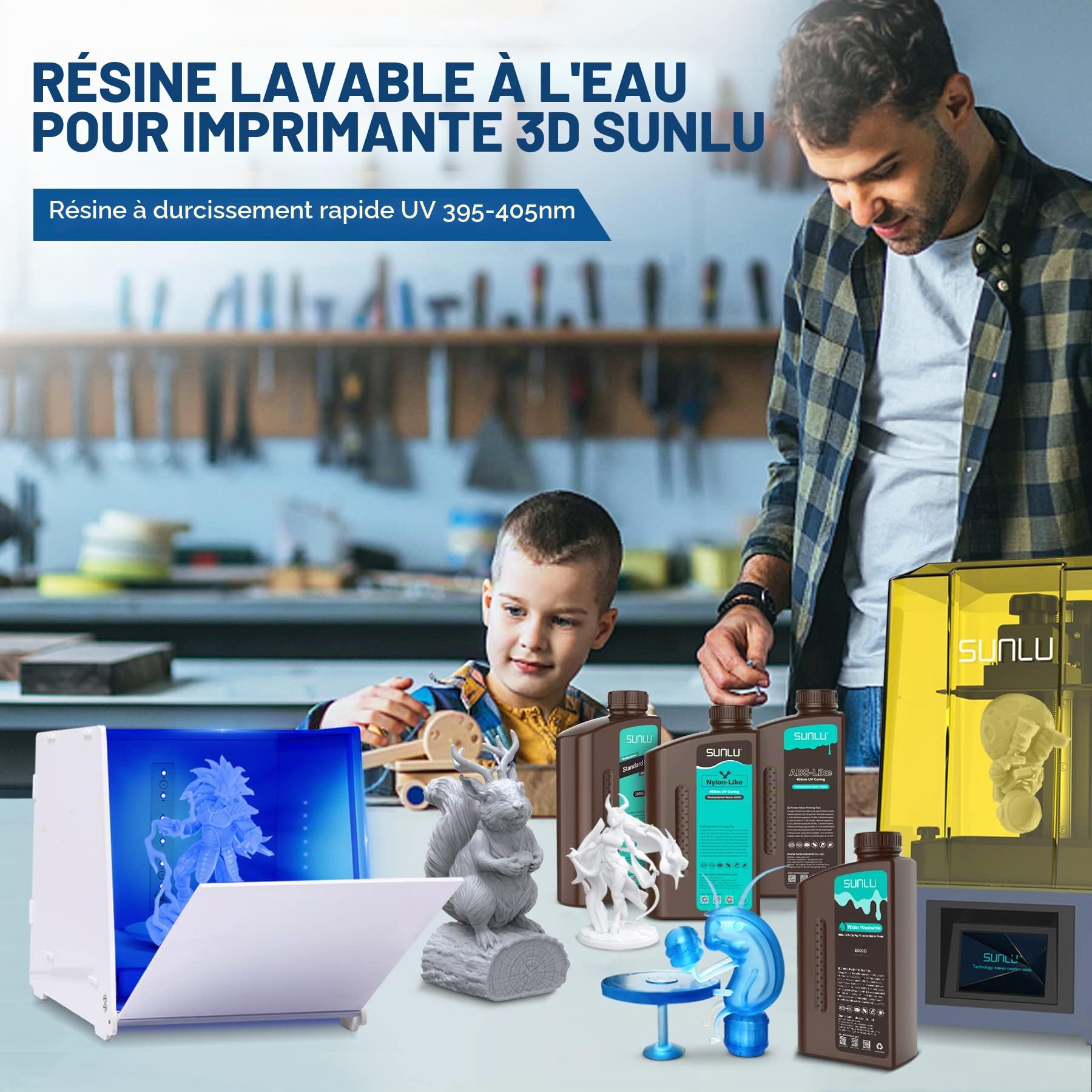 SUNLU Résine Lavable à l'Eau pour Imprimante 3D, 2kg 405nm UV Résine Photopolymère à Durcissement Rapide pour Imprimante 3D 4K 8K LCD DLP SLA, Pas d'Alcool Nécessaire, Haute Précision,2000g Gris Foncé