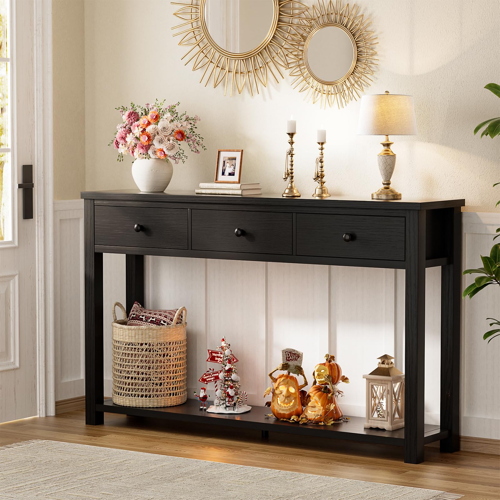 iSunirm Table console avec 3 tiroirs, 120 cm de largeur, en bois, avec compartiment de rangement pour salon, derrière le canapé, table de couloir pour couloir, salon ou entrée, noir