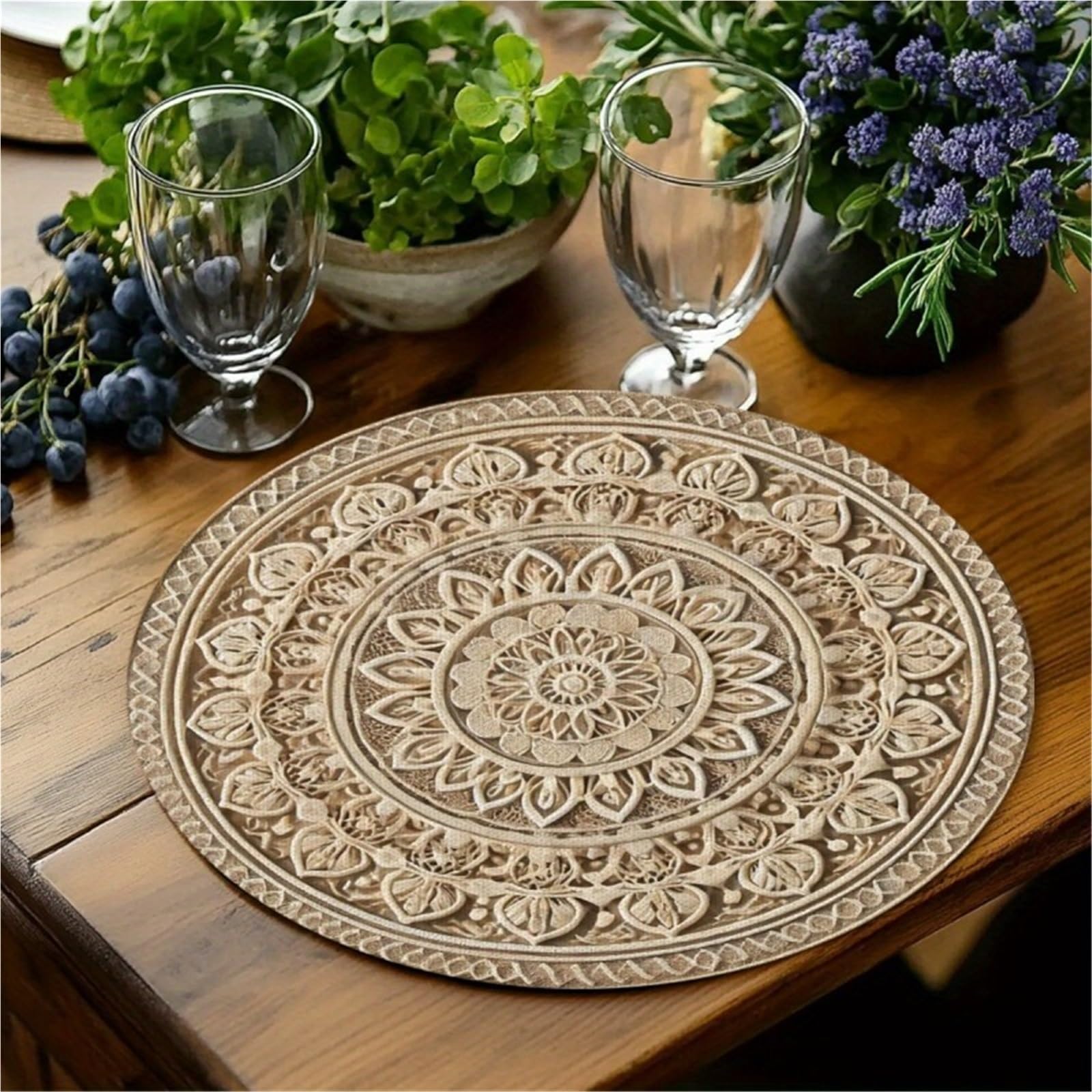 Napperons Ronds adaptés à la Table à Manger, Tapis Marron Clair et Blanc, lavables à la Main, élégants, 38CM, 4 pièces