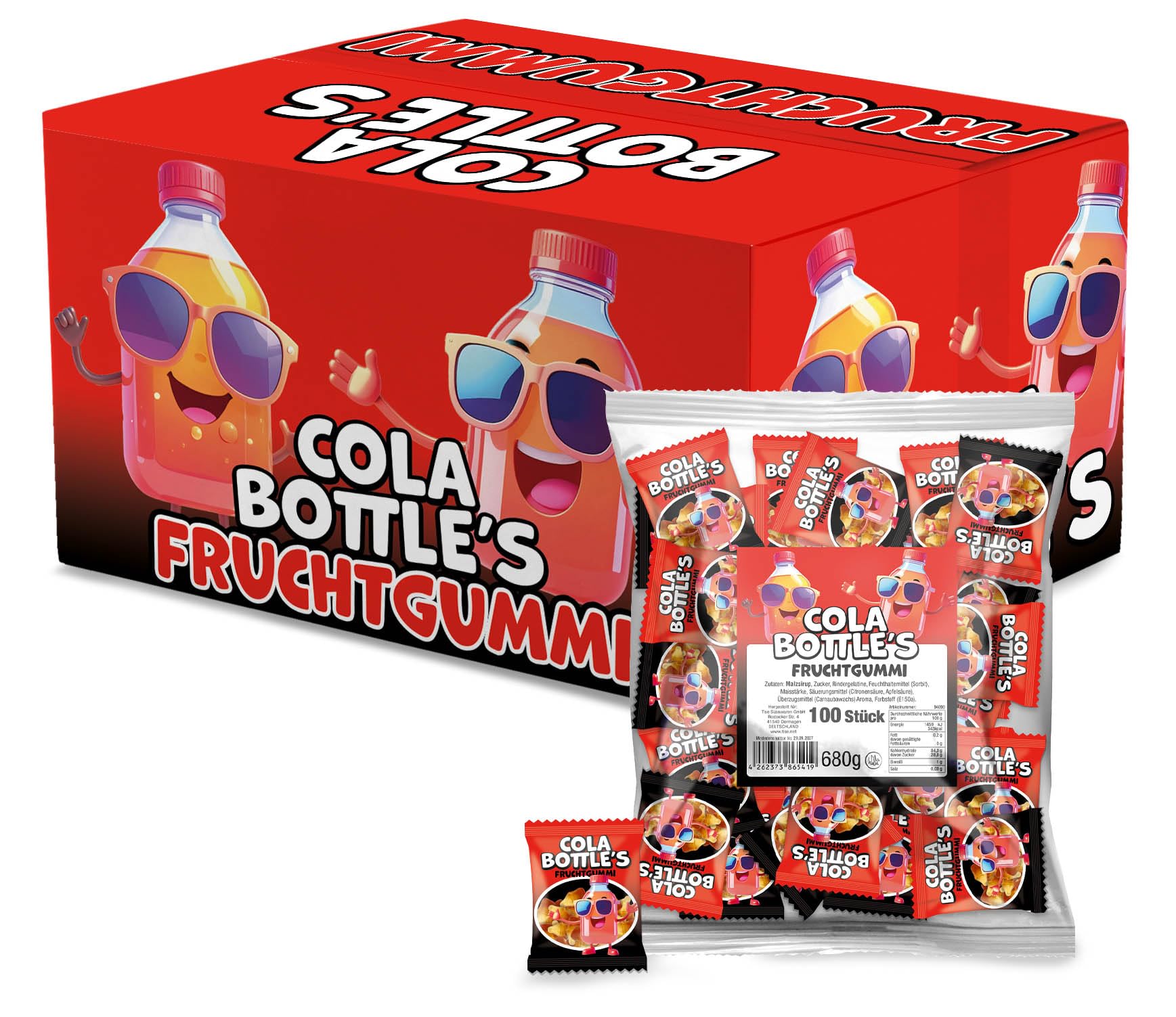 Tise Cola Bottle's Fruchtgummi 100Stk. (7 x 680g) einzeln verpackt perfekt geeignet als Wurfmaterial für Karneval, Süßigkeiten Großpackung, Give-away/Halal